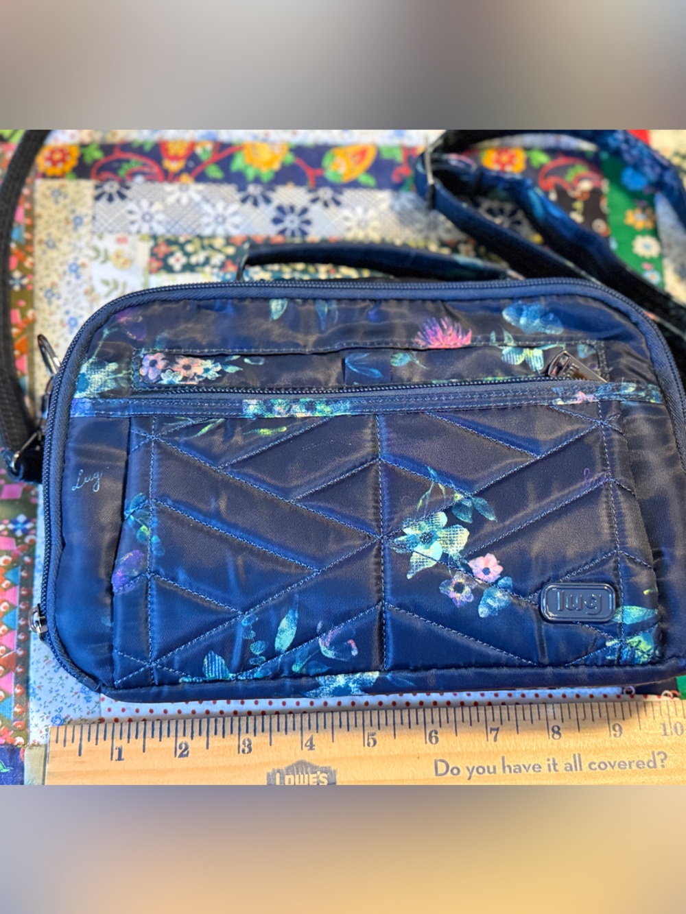 lug Navy Quilted Crossbody Bag with Teal & Pink Floral Accents